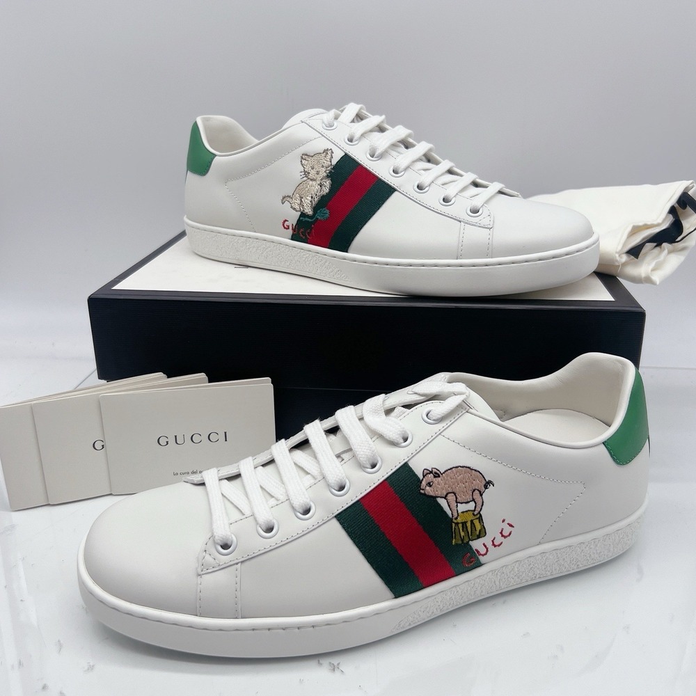 Gucci Ace Kitten Women's LOGO Pig Sneakers White Leather Lace Up EU 40.5 US 10.5